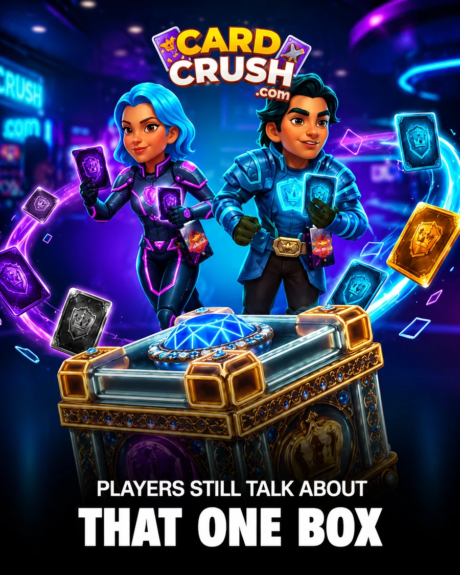 Card Crush players opening a glowing Mystery Box full of collectible cards