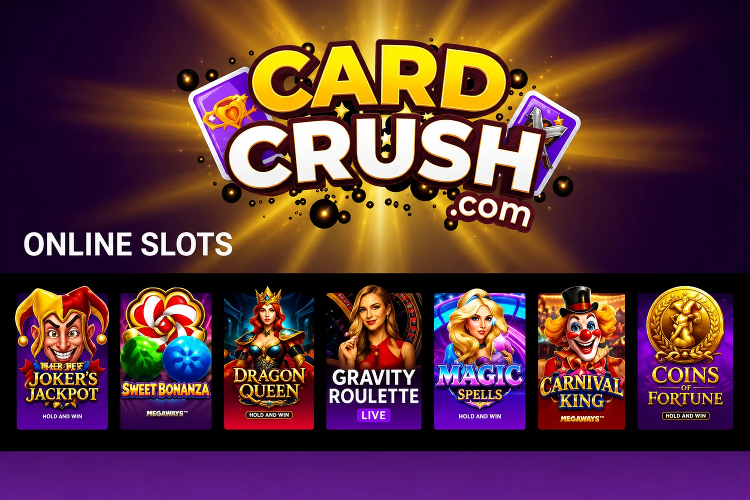 Card Crush online slots lobby showing seven featured slot games